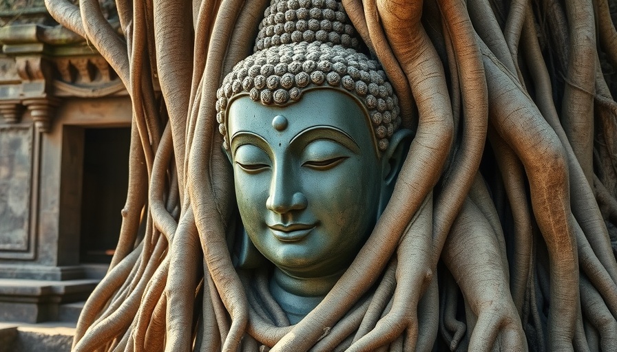 Ancient Buddha head in tree roots symbolizing a cultural journey.