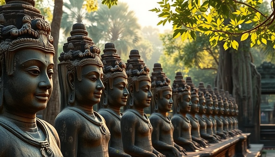 Cultural immersion travel at Angkor Wat with ancient statues in Cambodia.