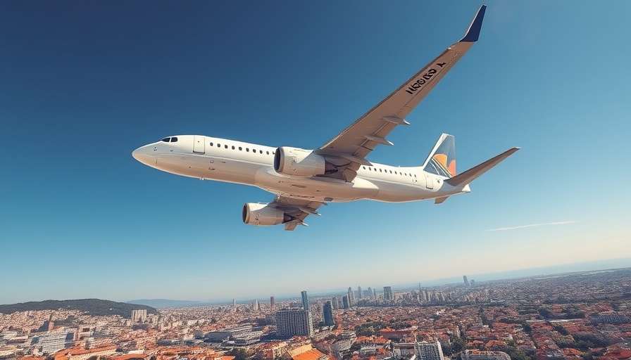 Modern airplane cruising above Lisbon and Los Angeles cityscapes.