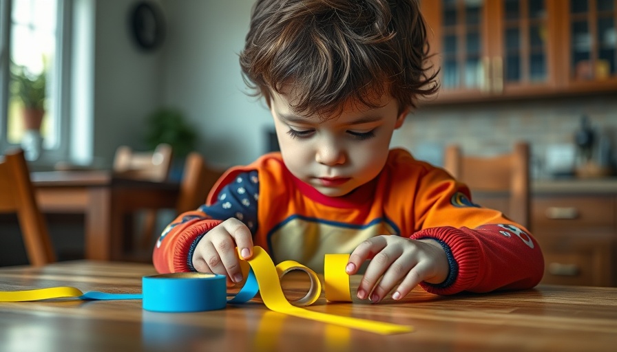 Young child enjoying a fun family activity with tape and crafts.