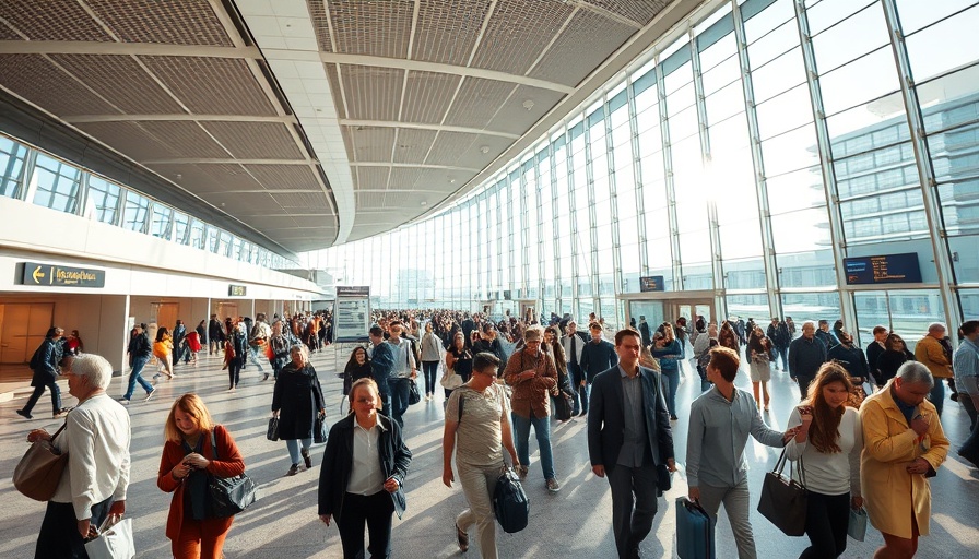 Travel news scene at a busy airport terminal with travelers.