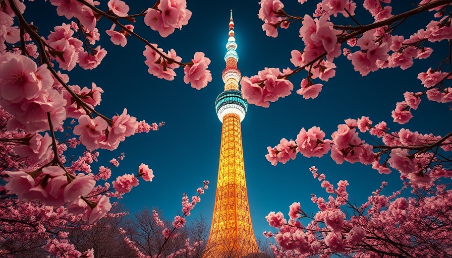 Tokyo Skytree framed by cherry blossoms at night, travel tips in Japan.