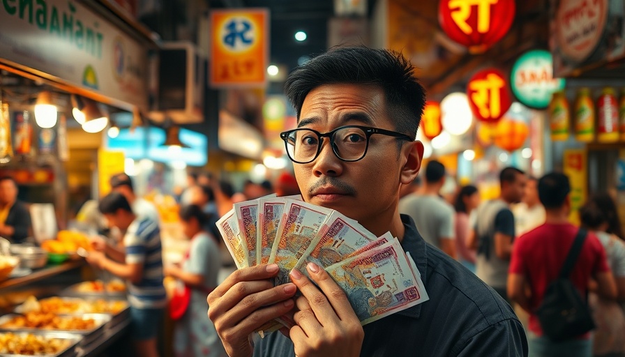Travelling tips in Bangkok: Man puzzled with Thai baht at night market.