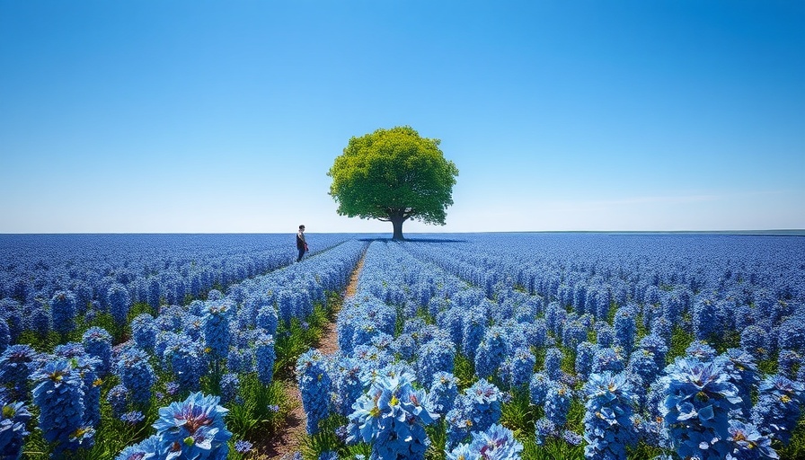 Serene field of blue flowers and tree under clear sky.