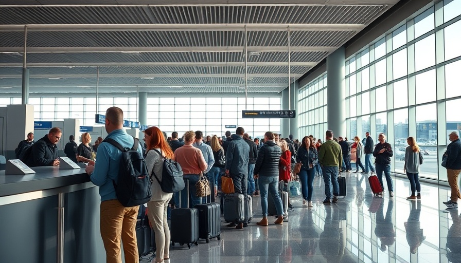 Travelers at airport bag drop counter, family travel tips.