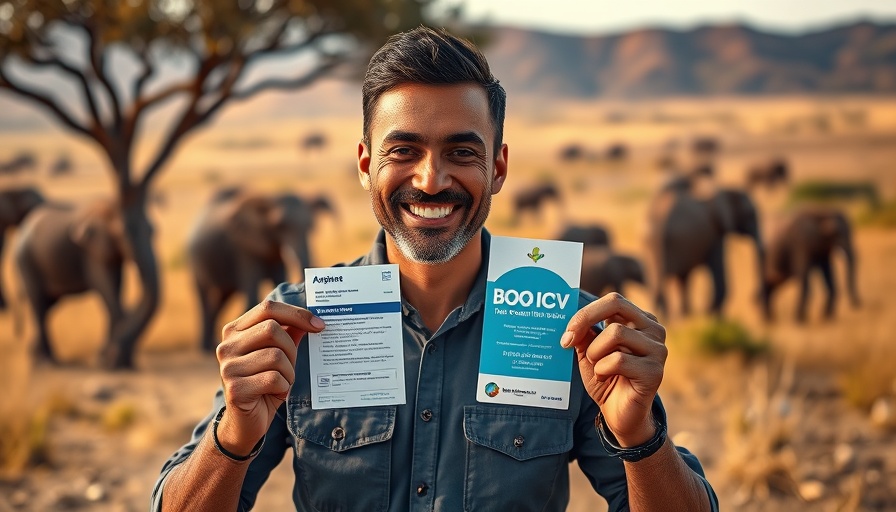 Man holds yellow fever vaccine card in savannah with elephants.