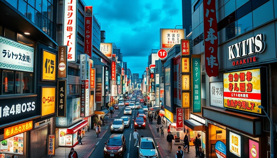 Vibrant cityscape of Osaka and Kyoto, bustling streets.