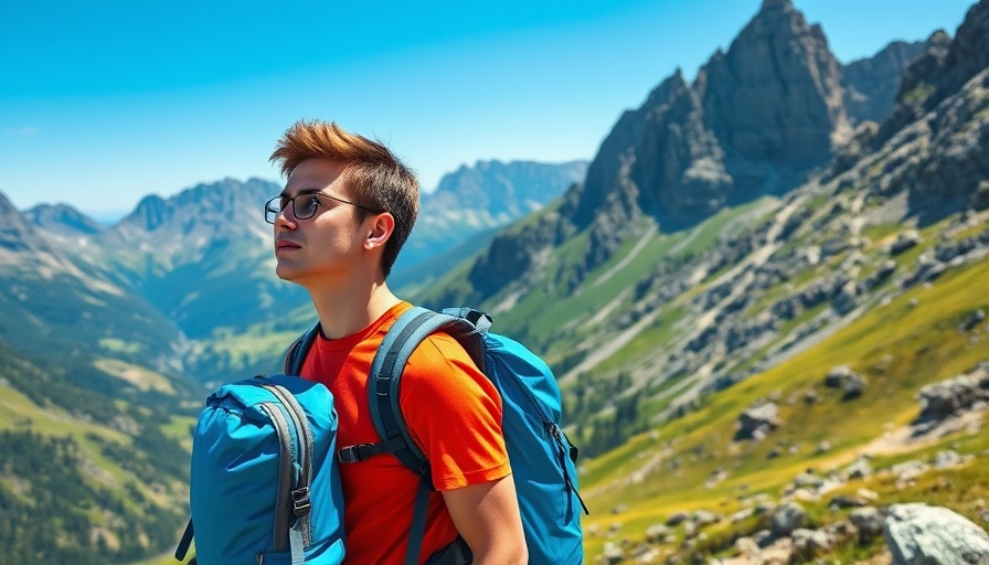 Young male hiker with blue backpack in alpine mountains, hiking endurance plan.