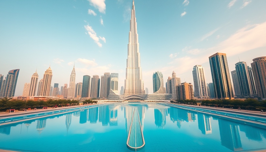Burj Khalifa under clear sky with reflection pool, Dubai private tours for families.