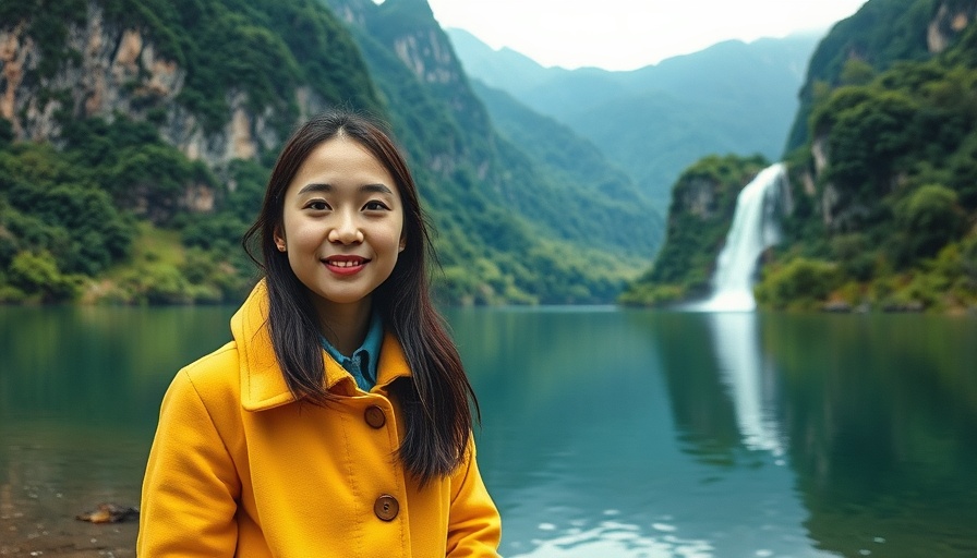 Serene landscape with woman by lake and waterfalls for quiet life travel.