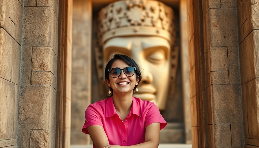 Woman enjoying ancient temple view, perfect blogging community inspiration.