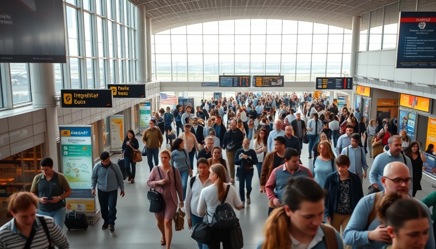 Bustling airport terminal scene featured in travel news.