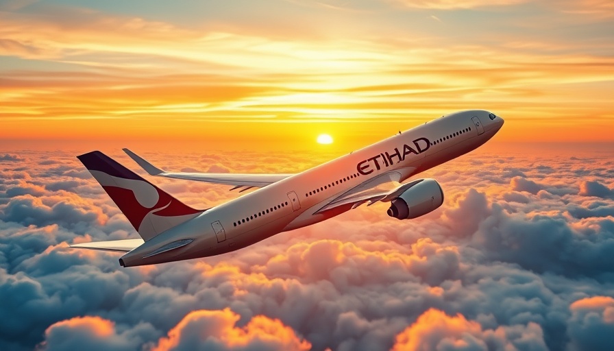 Etihad Airways airplane soaring in sunset sky, symbolizing record profit.