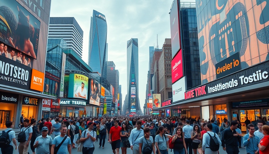 Futuristic global travel and tourism cityscape, bustling streets.