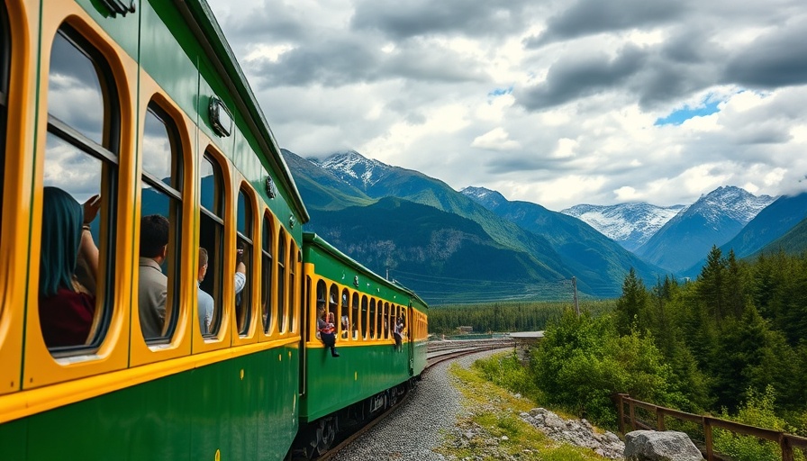 Colorful train on scenic tracks in Skagway, Alaska