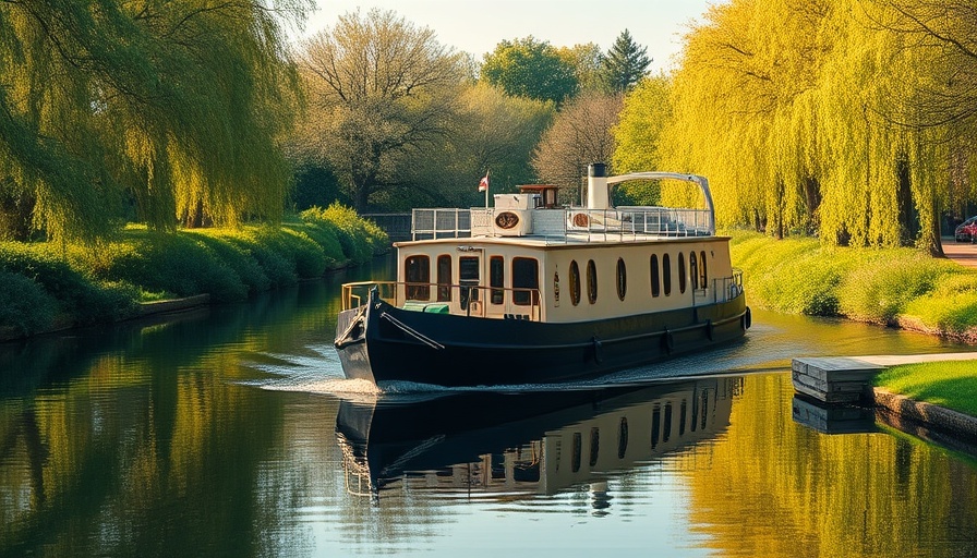 Family adventure by barge on a serene river with lush greenery.