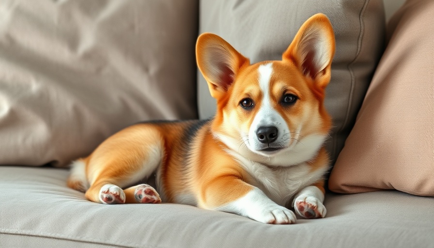 Corgi relaxed on a sofa, Family Traveling setting.