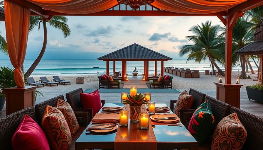 Luxury resort dining area in Maldives during twilight with candlelight.