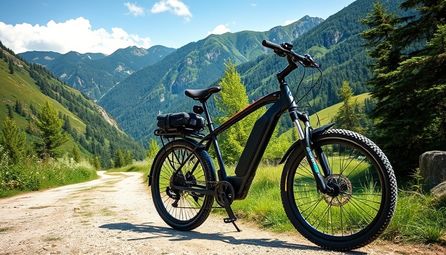 Electric bicycle promoting sustainable travel by a mountain trail.