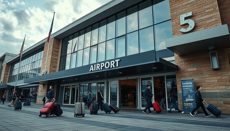 Travelers at modern airport entrance, green global travel focus.