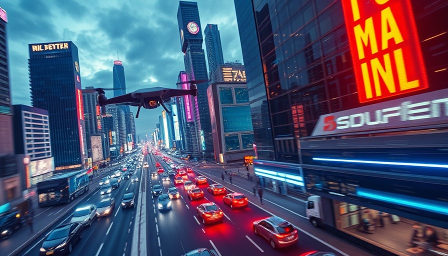 Futuristic cityscape with flying cars and neon lights.