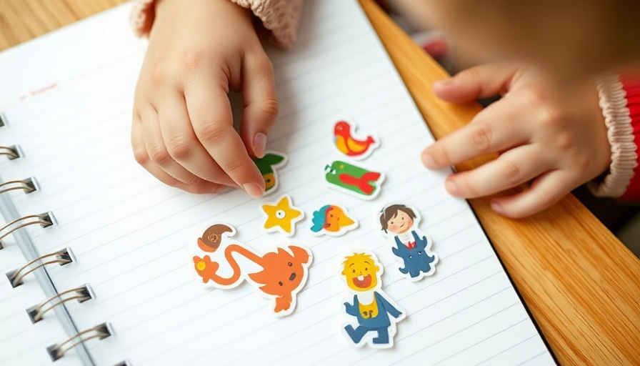 Child decorating notebook with character stickers for fun family activities to do at home.