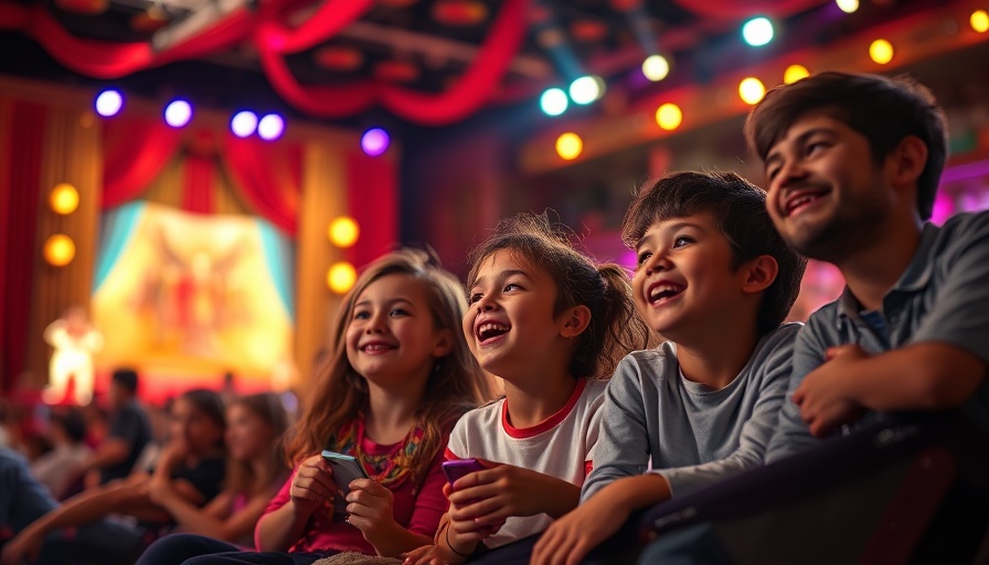 Family enjoying vibrant stage show with laughter and colorful lights.