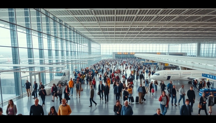 Dynamic airport scene with passengers, airline travel news.