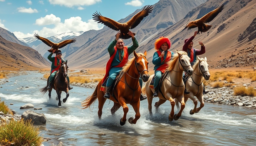 Three horsemen at Golden Eagle Festival Mongolia, riding through water.