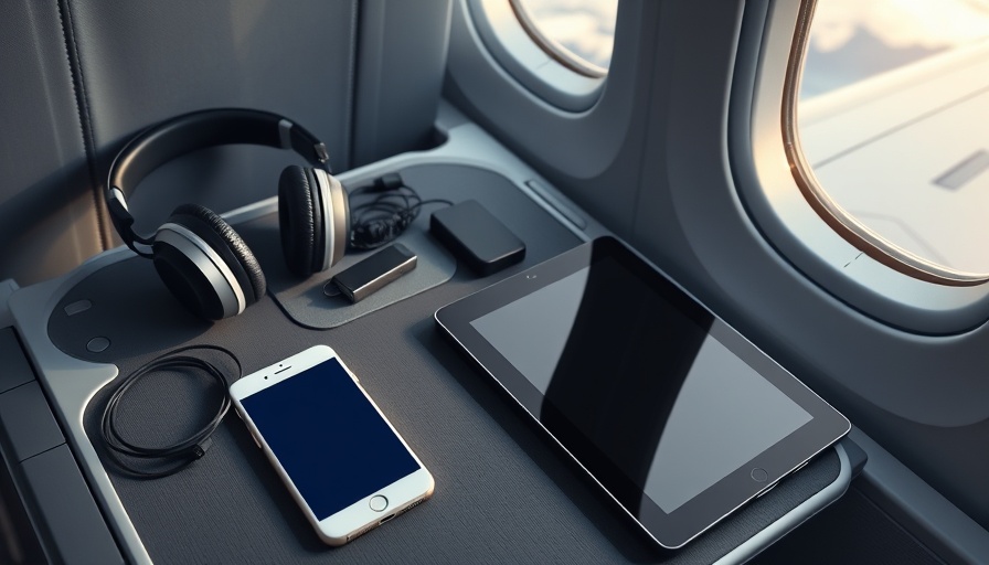 Travel essentials neatly arranged on an airplane tray table, travel on a budget.