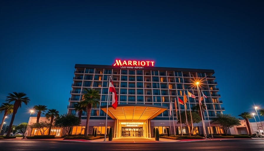 Night view of Los Angeles Airport Marriott, modern architecture, clear sky.