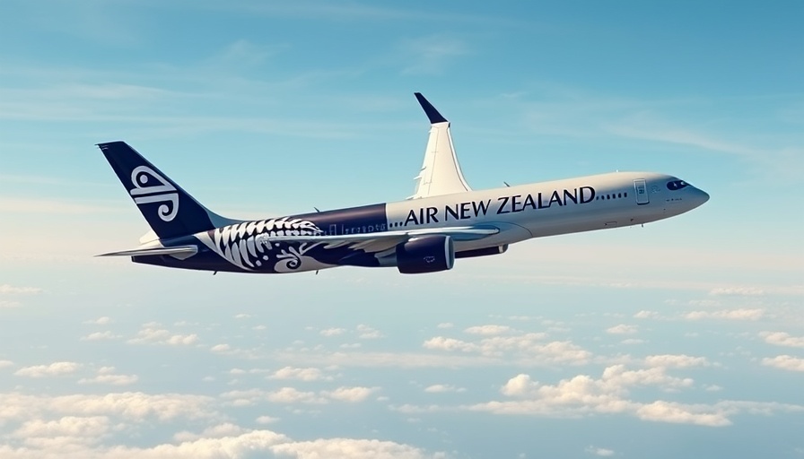 Air New Zealand jet in flight, clear sky backdrop.