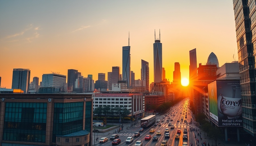 Vibrant city skyline during sunset with bustling streets, travel news.