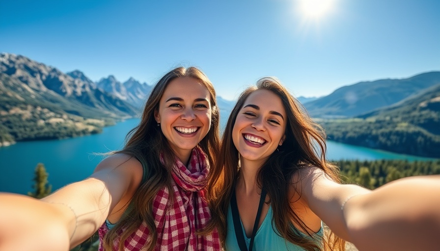 Two women smiling by a lake with mountains behind them.