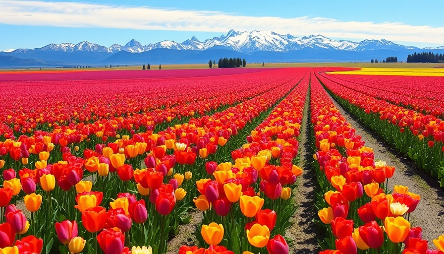 Colorful tulip fields in Skagit Valley with mountain backdrop.