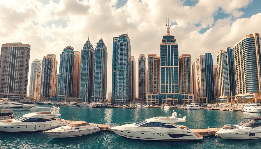 Dubai Marina skyline featuring diverse skyscrapers and yachts.