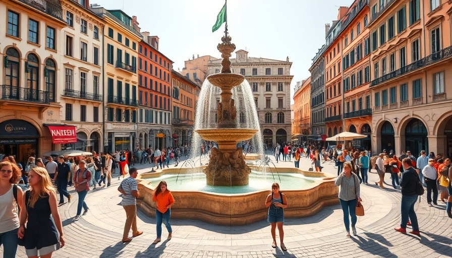 Busy European fountain square, ideal for travel on a budget in Europe.