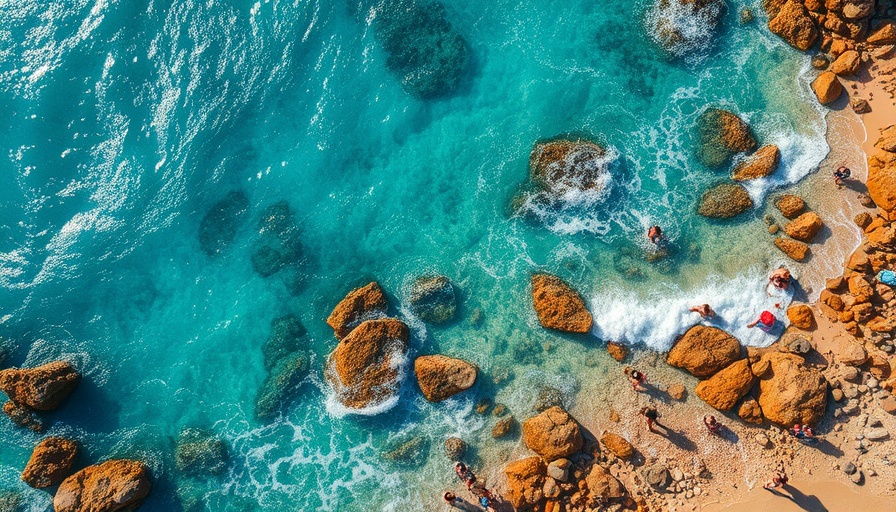 Beachgoers enjoying a sunny shoreline, view of crystal-clear water.