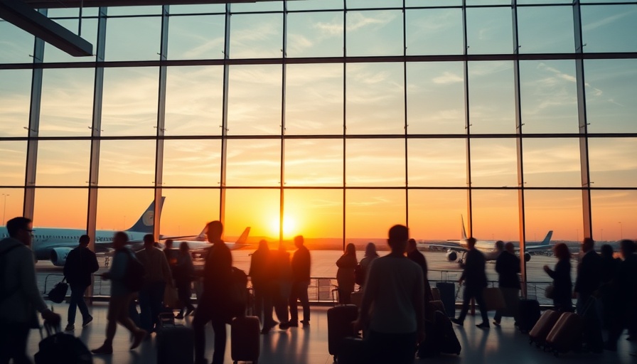 Travel news US: Airport travelers at sunrise with luggage.