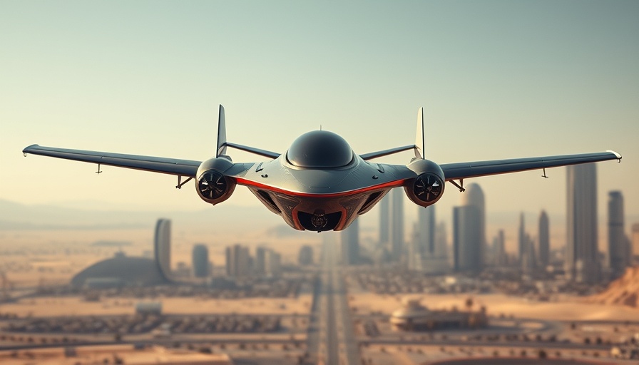Futuristic aircraft concept in desert cityscape showcasing Middle East aviation future.