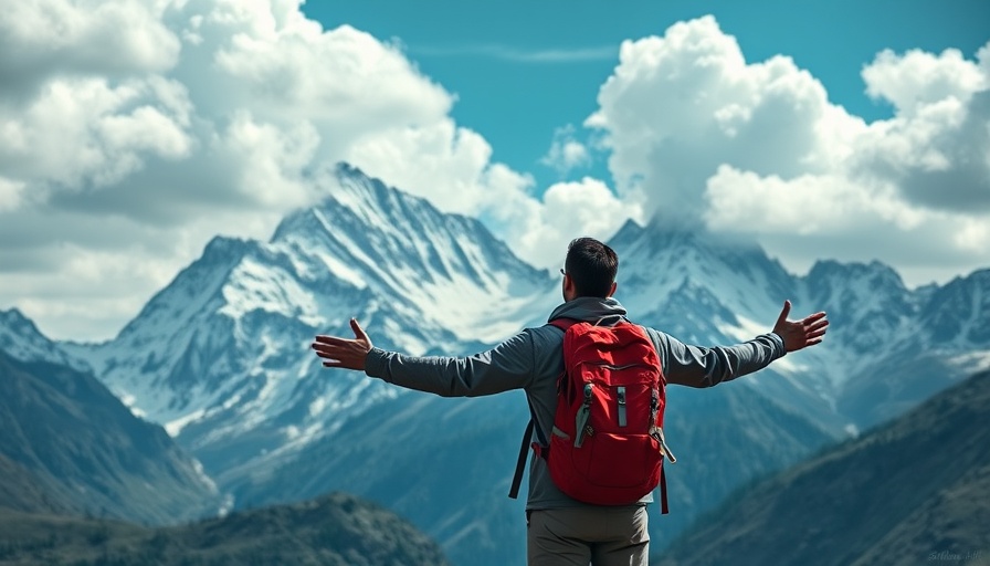 Lone hiker with red backpack facing snow-capped mountains, prepared for high-altitude challenges.