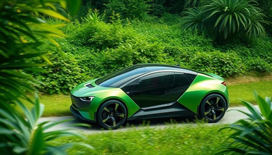 Eco-friendly vehicle in lush landscape, showcasing sustainable travel innovations.