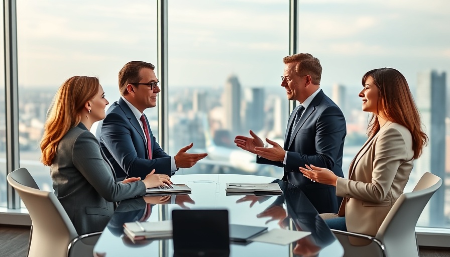 Airline executives discuss codeshare partnership travel news in a boardroom.