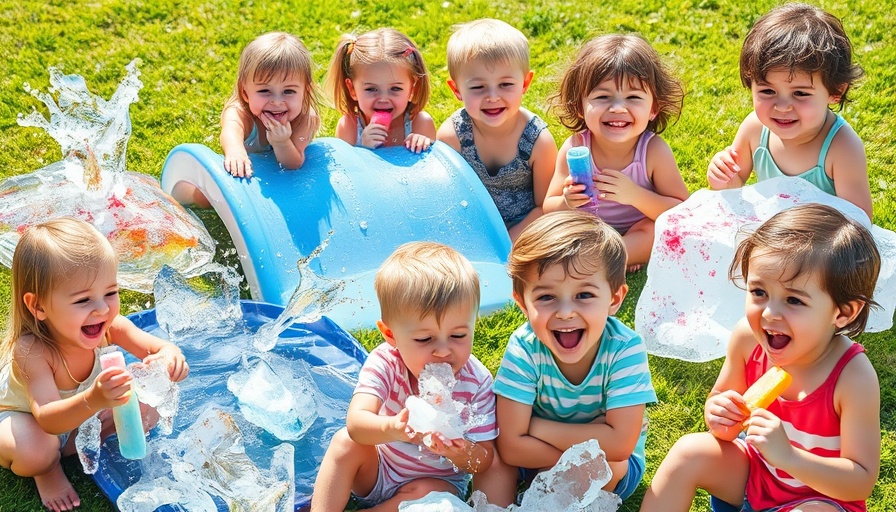 Collage showing hot weather activities for kids with ice and water.