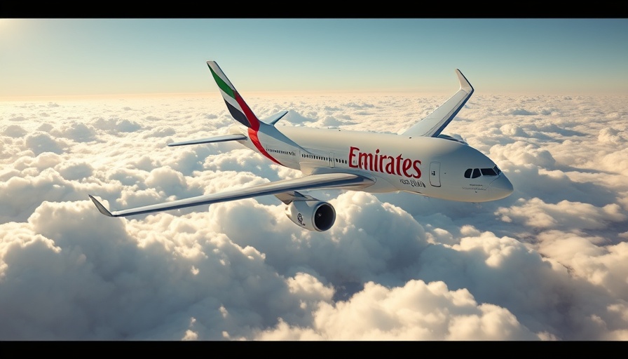 Emirates Airlines plane soaring in clear sky, travel news.
