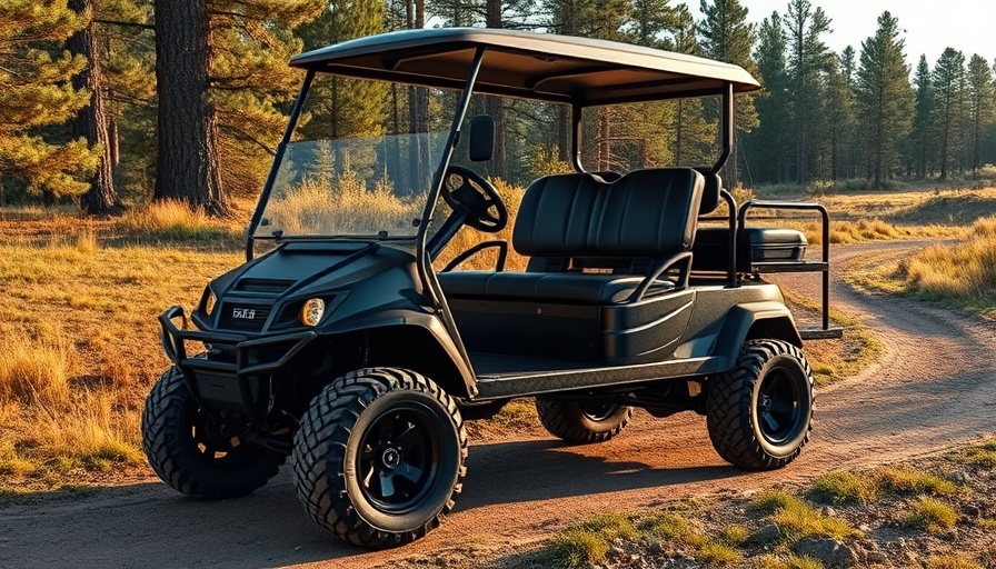 Rugged custom golf cart on forest path at sunrise.