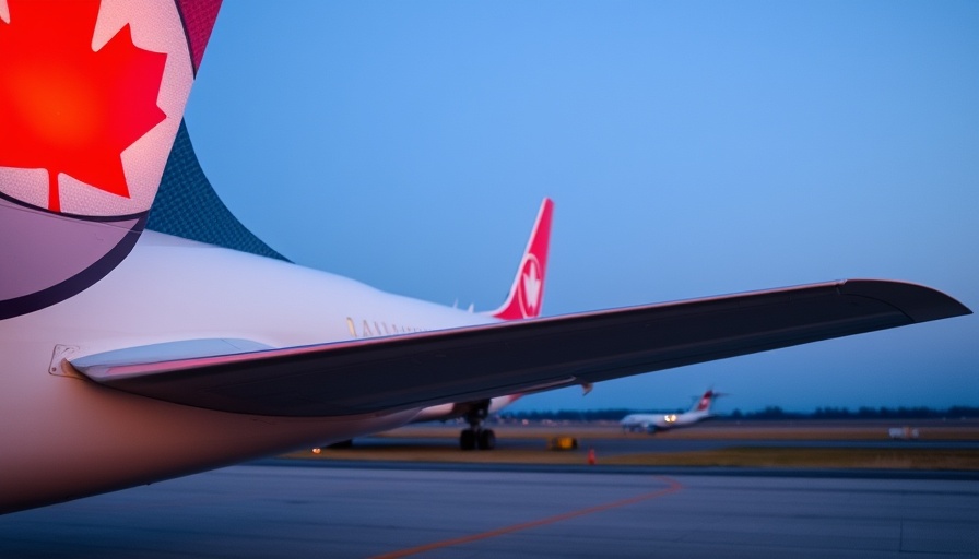 Air Canada airplane tail with maple leaf logo at dusk.