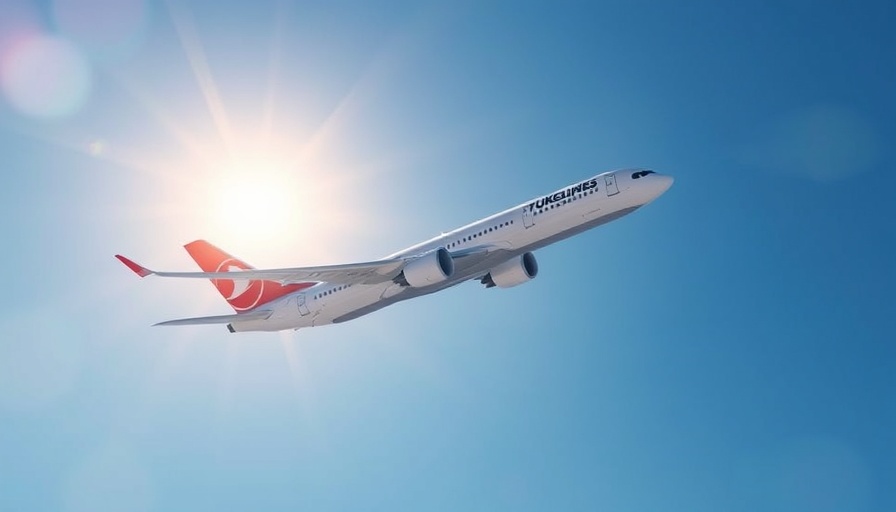 Turkish Airlines plane in flight at sunrise, travel series.
