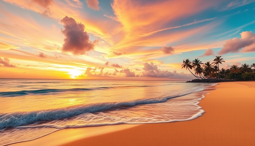 Caribbean sunset beach scene with palm trees and waves.