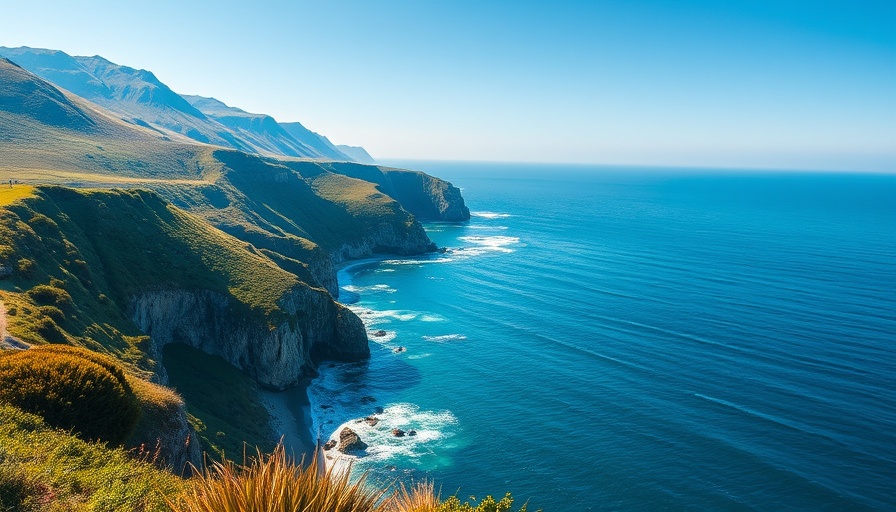 Travel news scenic landscape with ocean and cliffs.